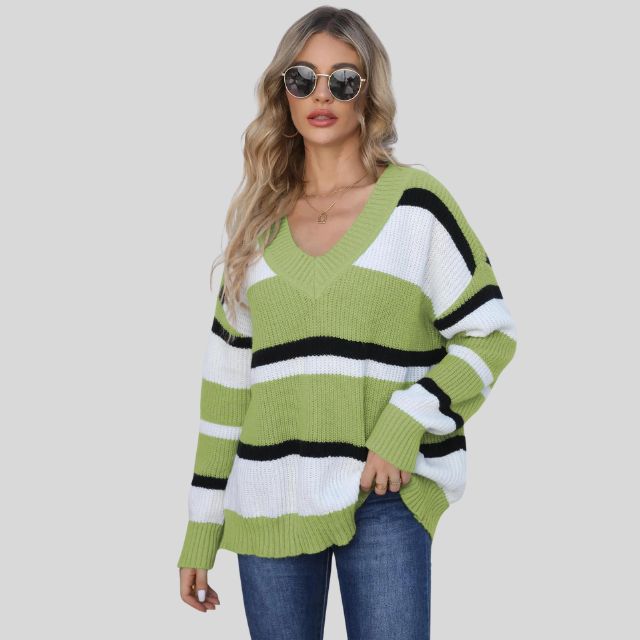 Emma - Pull décontracté à col en V et rayures contrastées
