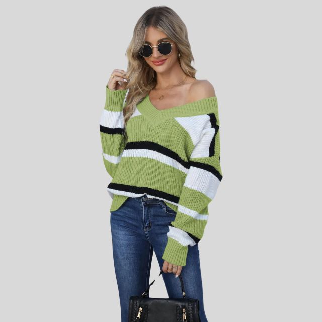 Emma - Pull décontracté à col en V et rayures contrastées