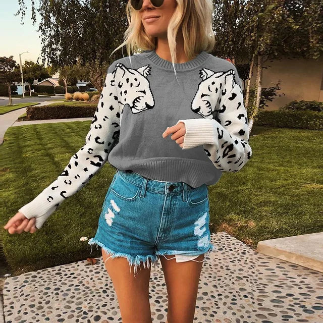 Bianca - Pull avec motif léopard contrasté sur les manches
