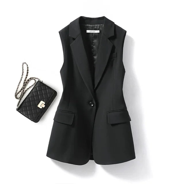 Gilet classique sans manches à simple boutonnage avec col à revers pour femmes