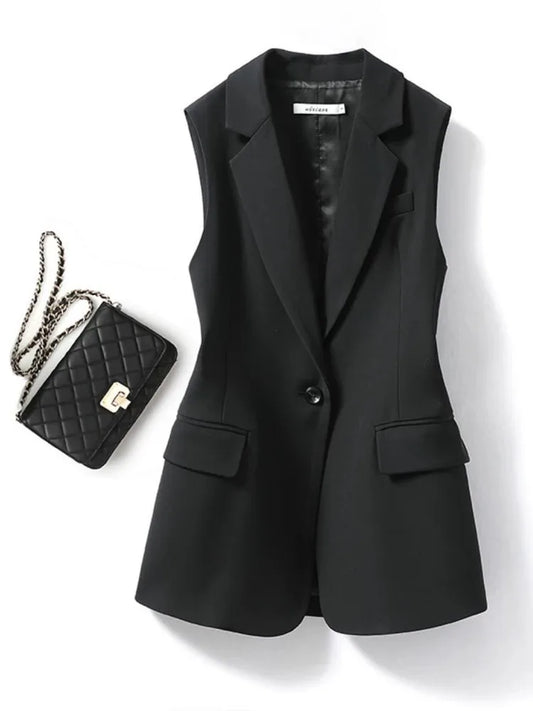 Gilet classique sans manches à simple boutonnage avec col à revers pour femmes