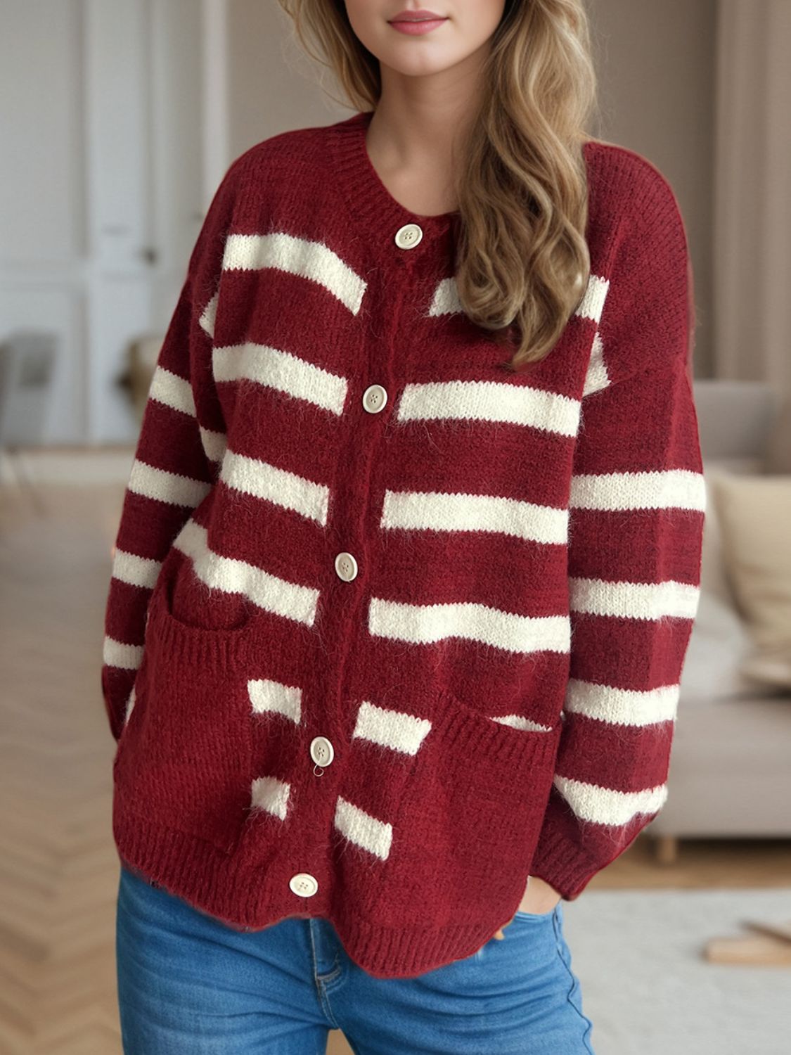 Lea - Cardigan à rayures boutonné et manches longues pour femme