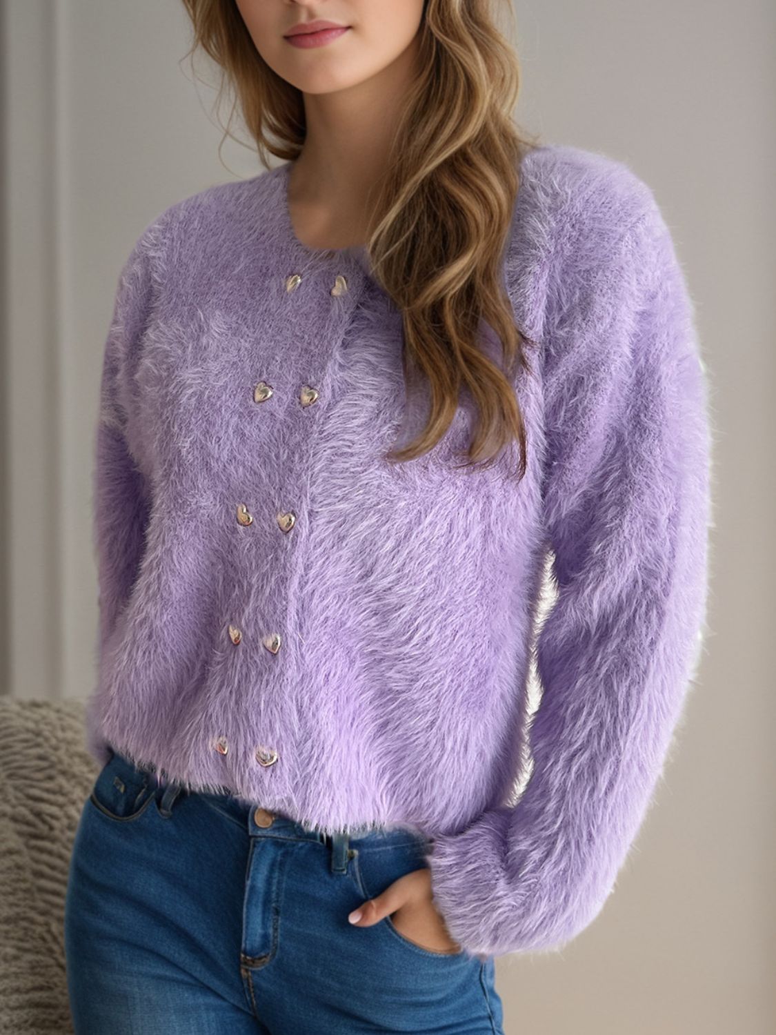 Clara - Cardigan à col rond avec boutons en forme de cœur pour femme