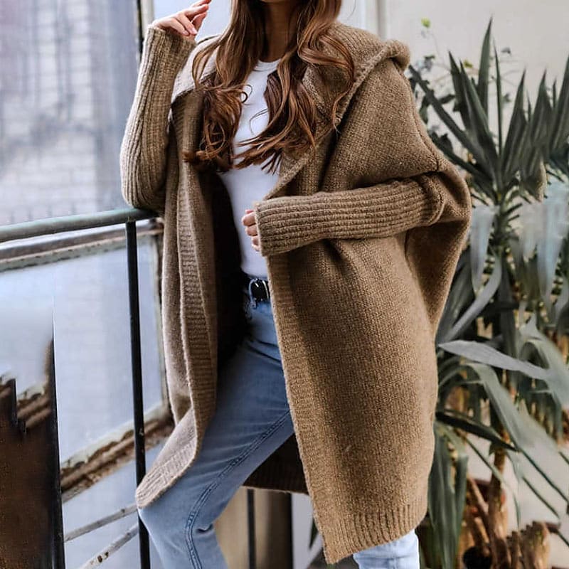 Freda - Cardigan long à capuche en tricot surdimensionné