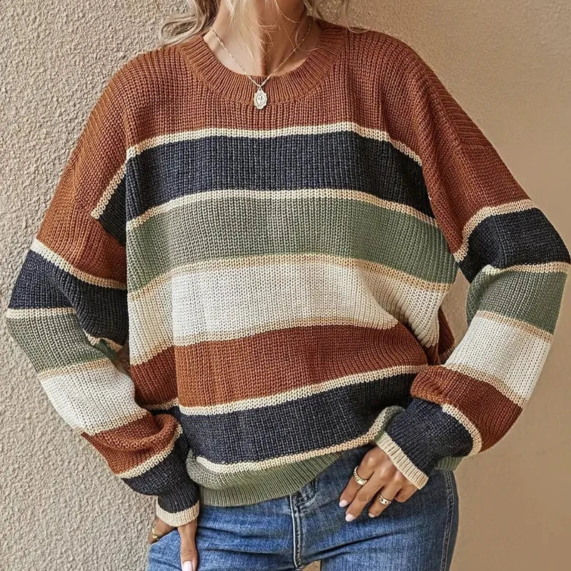 Clara - Café Pull Color Block avec Col Rond pour Femmes