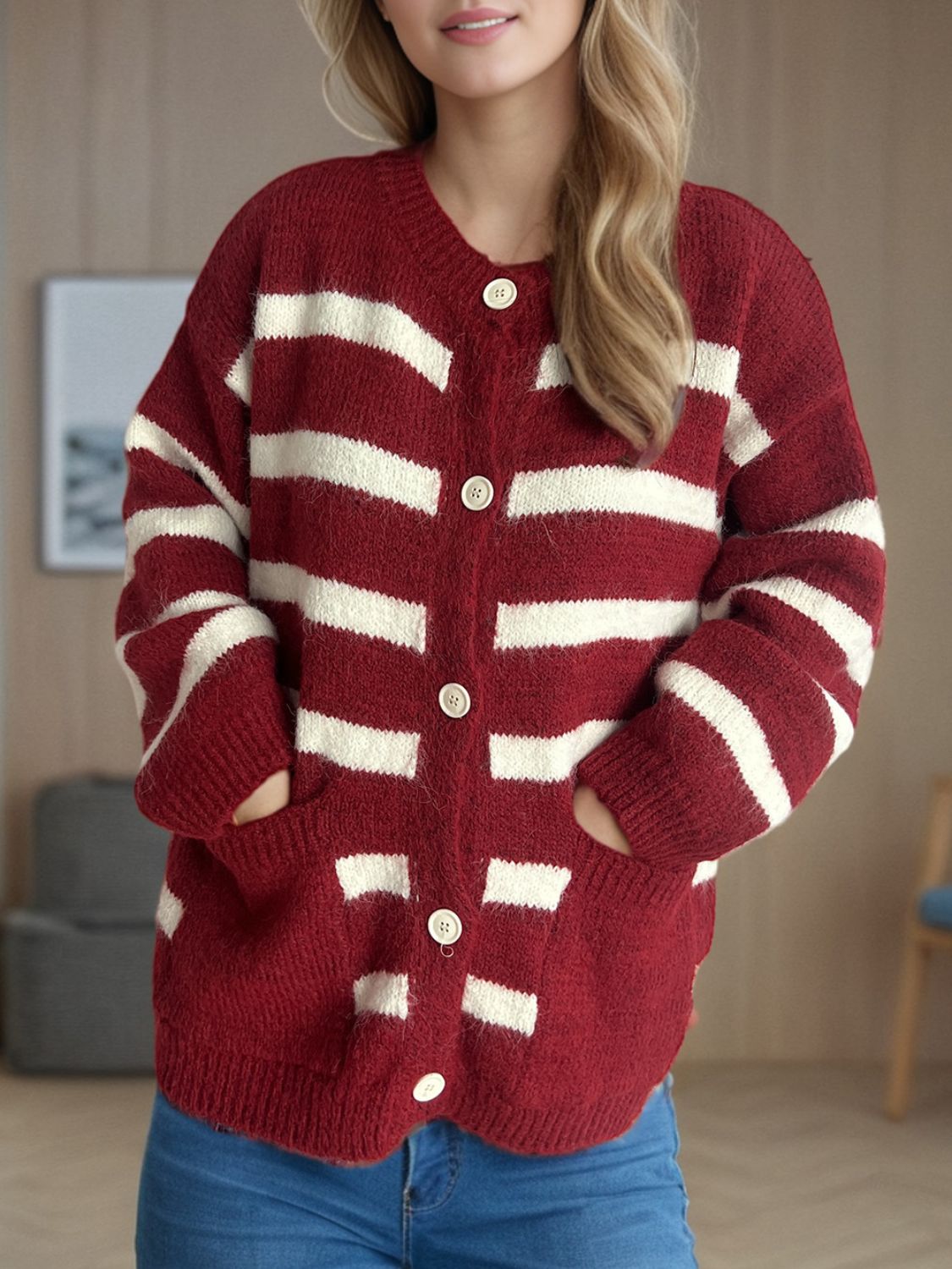 Lea - Cardigan à rayures boutonné et manches longues pour femme