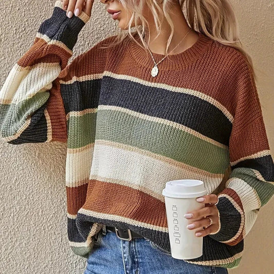 Clara - Café Pull Color Block avec Col Rond pour Femmes