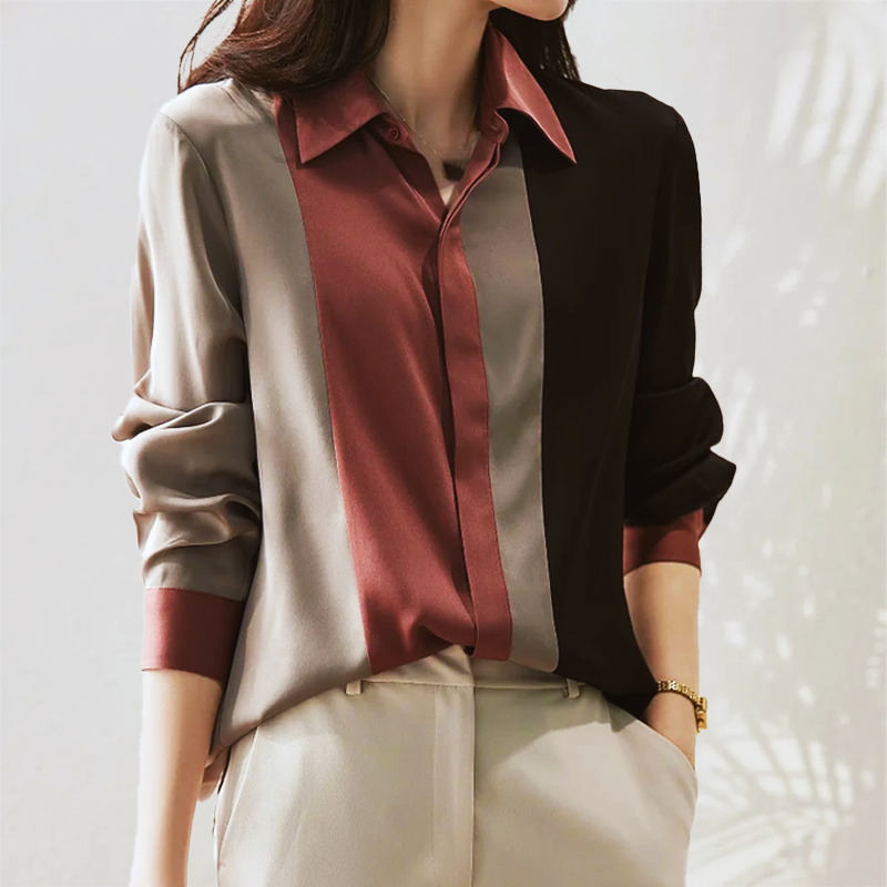 Jasmine - Blouse en Satin à Rayures Patchwork Élégante pour l'Automne pour Femmes