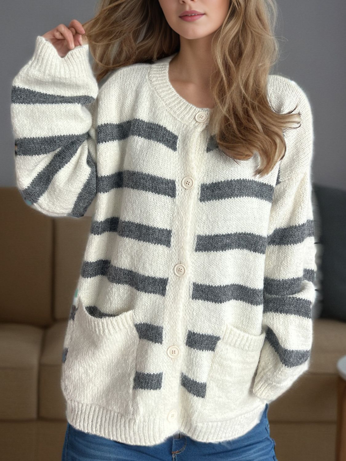Lea - Cardigan à rayures boutonné et manches longues pour femme