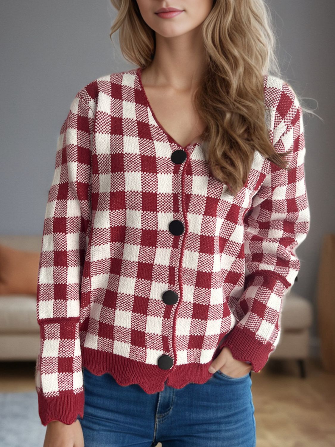 Ava - Cardigan à carreaux avec col en V et boutons pour femme