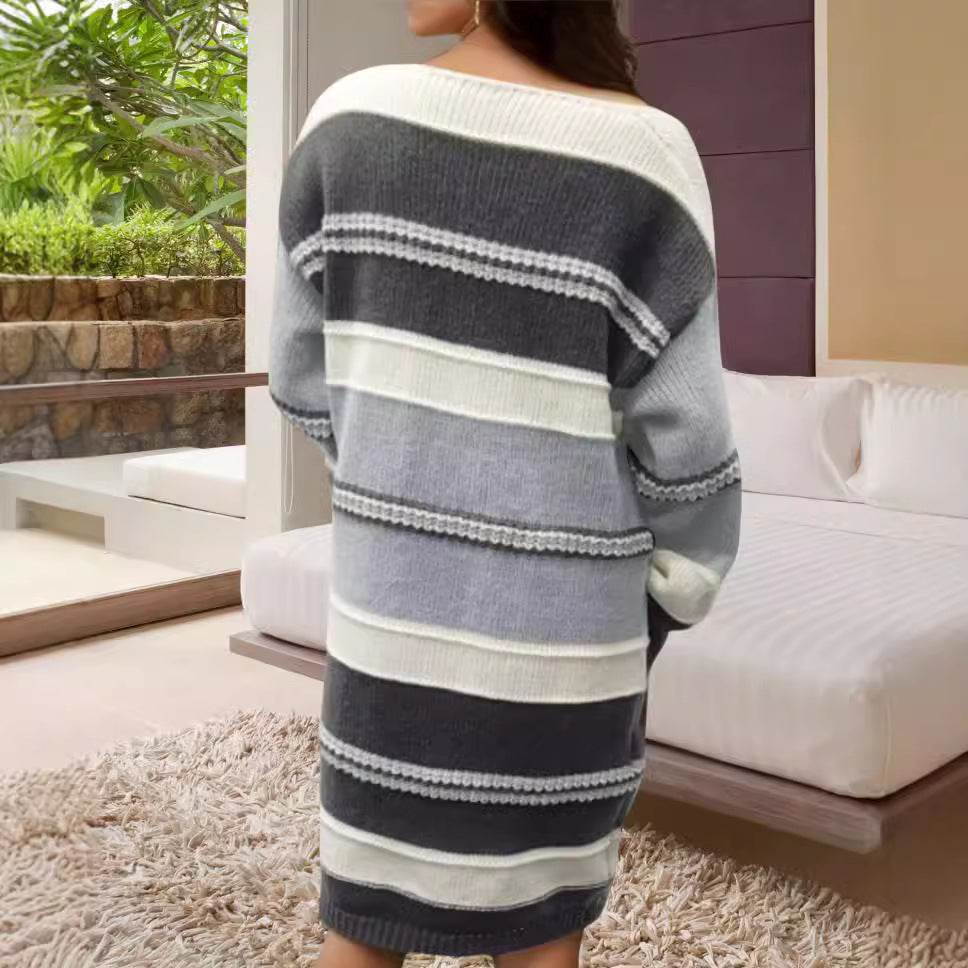 Elara - Robe pull mi-longue à rayures avec manches lanterne pour femme