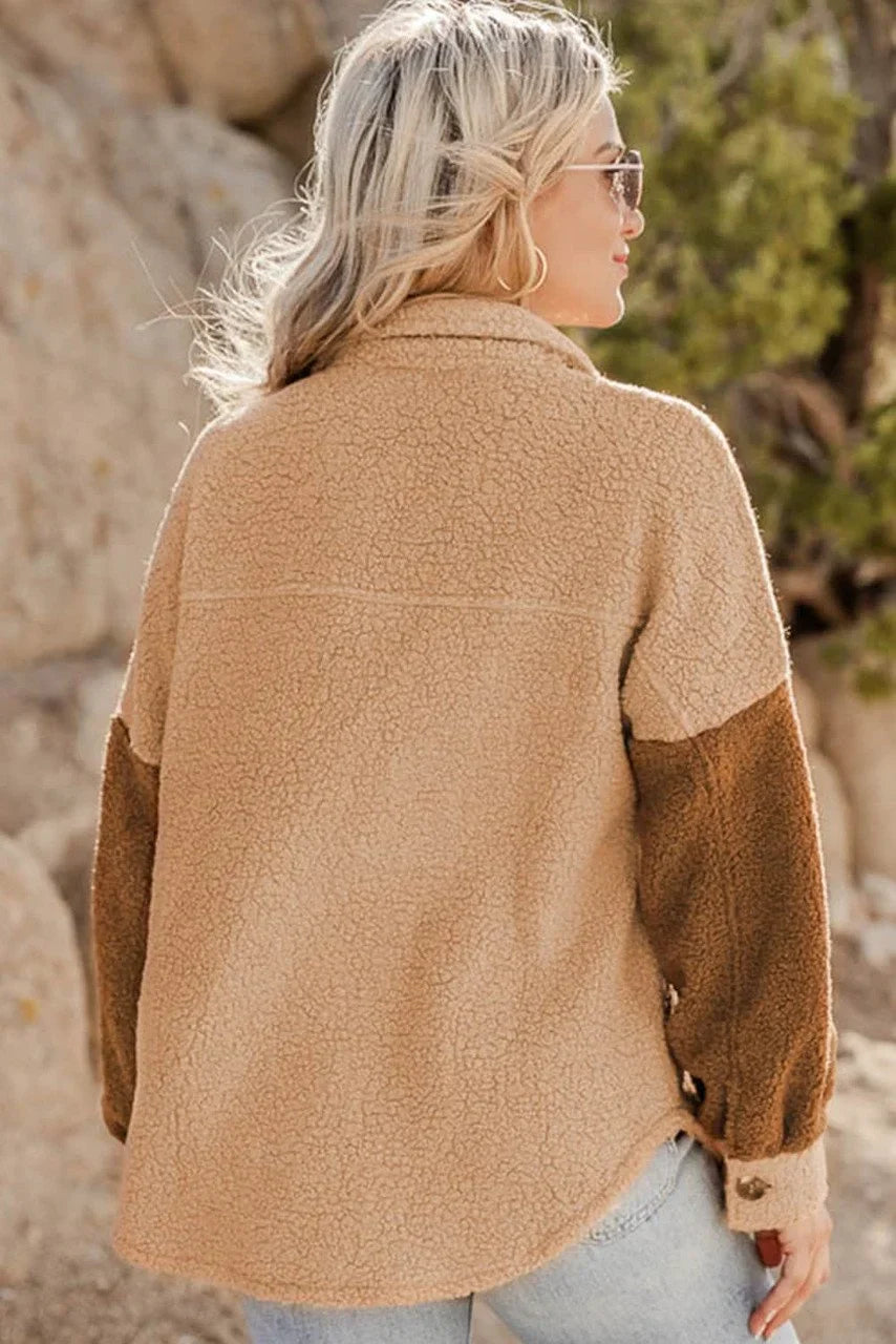 Veste en Sherpa Camel Colorblock avec Poches - Élégante et Chaude