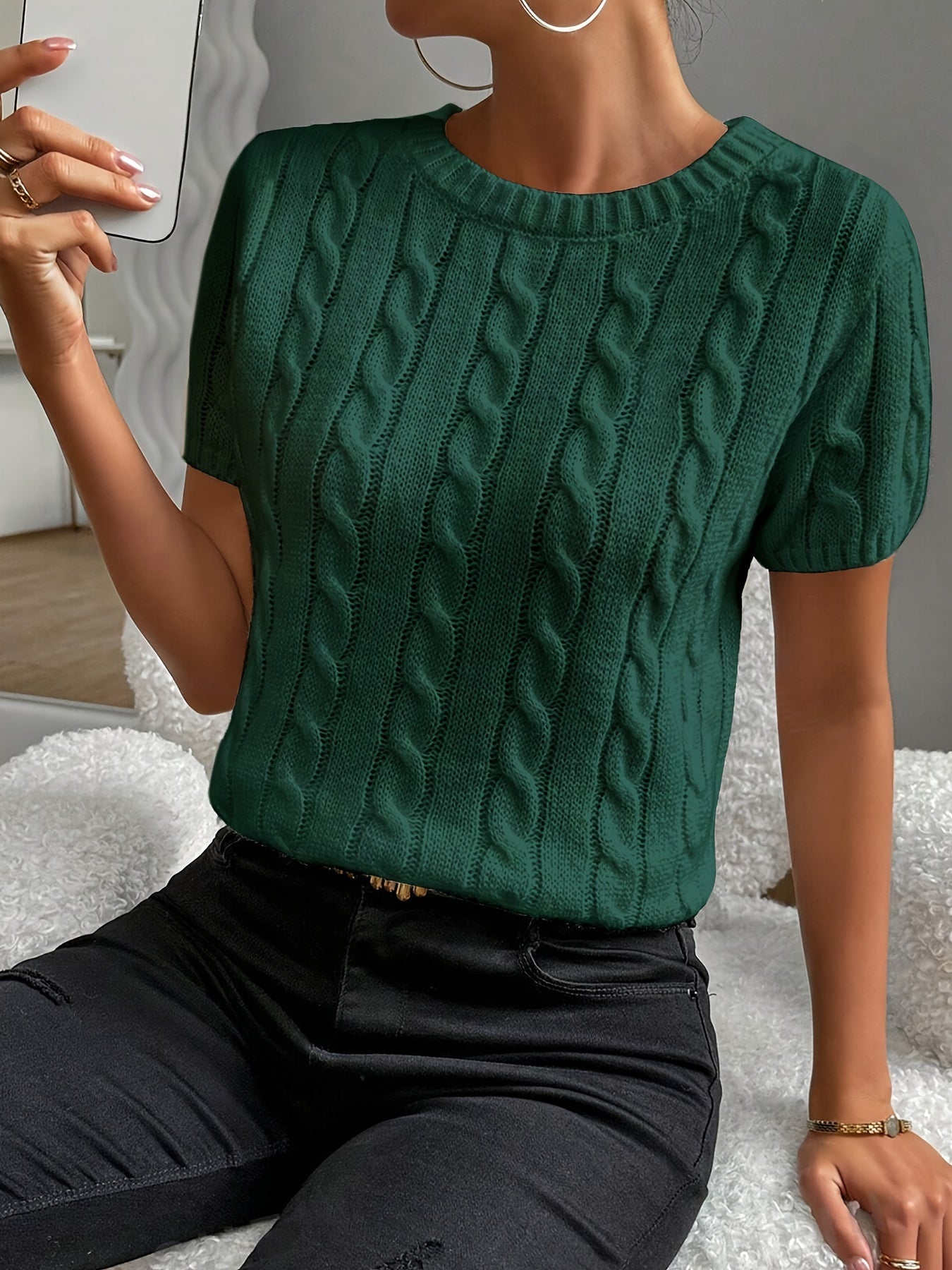 Greta - Haut Tricoté avec Motif Torsadé et Manches Courtes pour Femmes