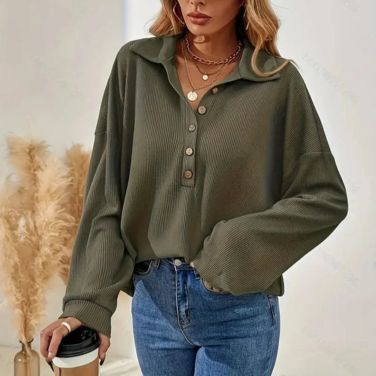 Amara - Vert Blouse Côtelée avec Patte de Boutonnage pour Femme