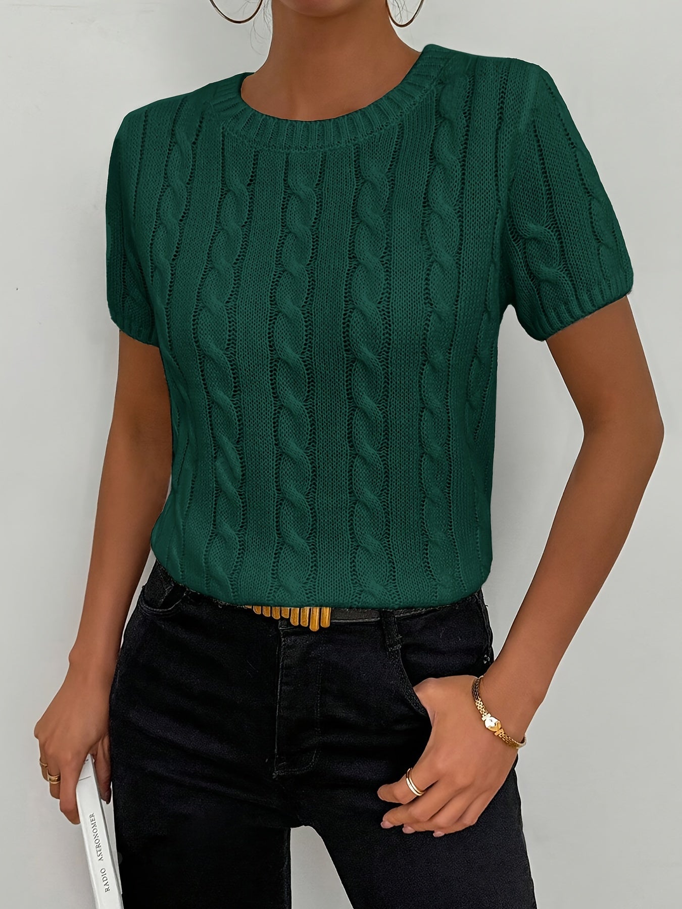 Greta - Haut Tricoté avec Motif Torsadé et Manches Courtes pour Femmes