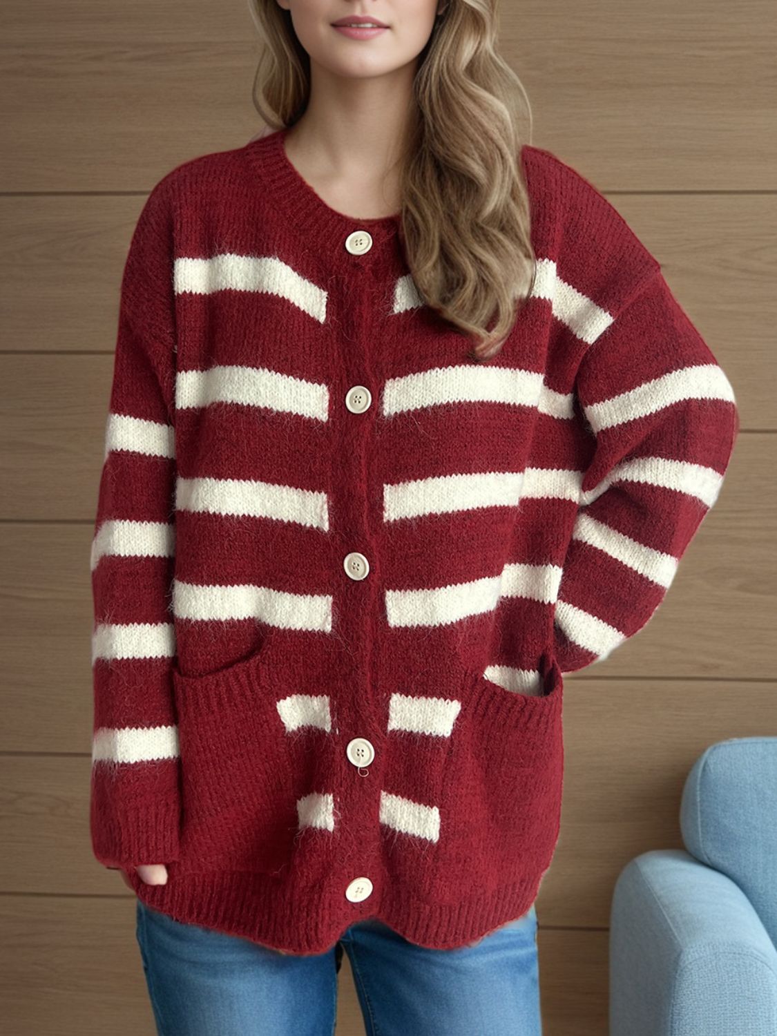 Lea - Cardigan à rayures boutonné et manches longues pour femme