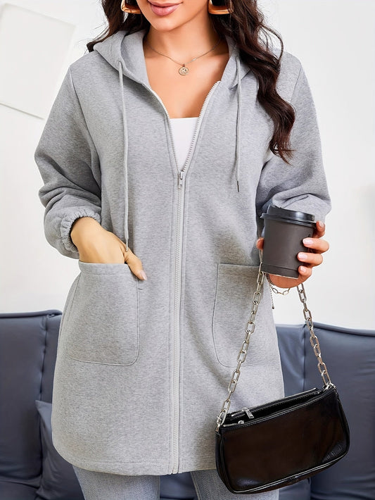 Luna - Gris clair Sweat à Capuche Uni avec Cordon et Poches pour Femmes