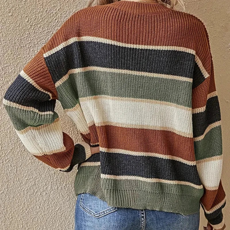 Clara - Café Pull Color Block avec Col Rond pour Femmes