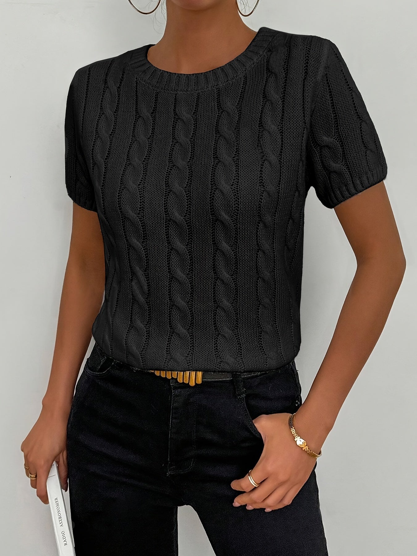 Greta - Haut Tricoté avec Motif Torsadé et Manches Courtes pour Femmes