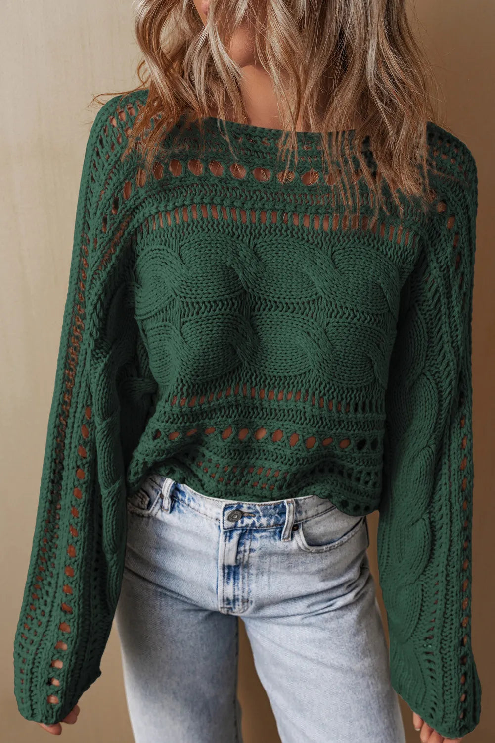 Evelyn - Pull à manches longues en maille torsadée ajourée pour femme
