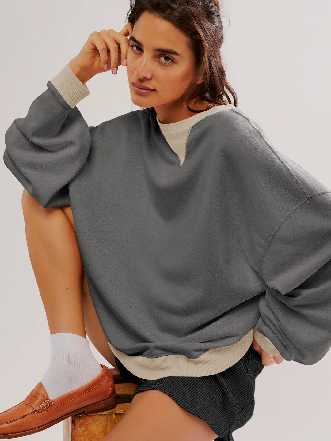 Linda - Pull Sweat Coloré à Manches Lanternes Décontracté