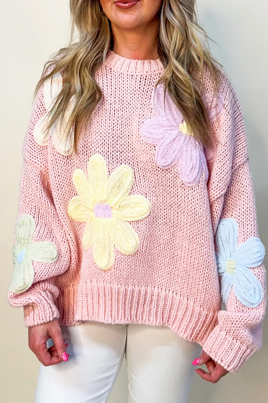 Colette - Pull Brodé Floral avec Pétales et Fils Roses