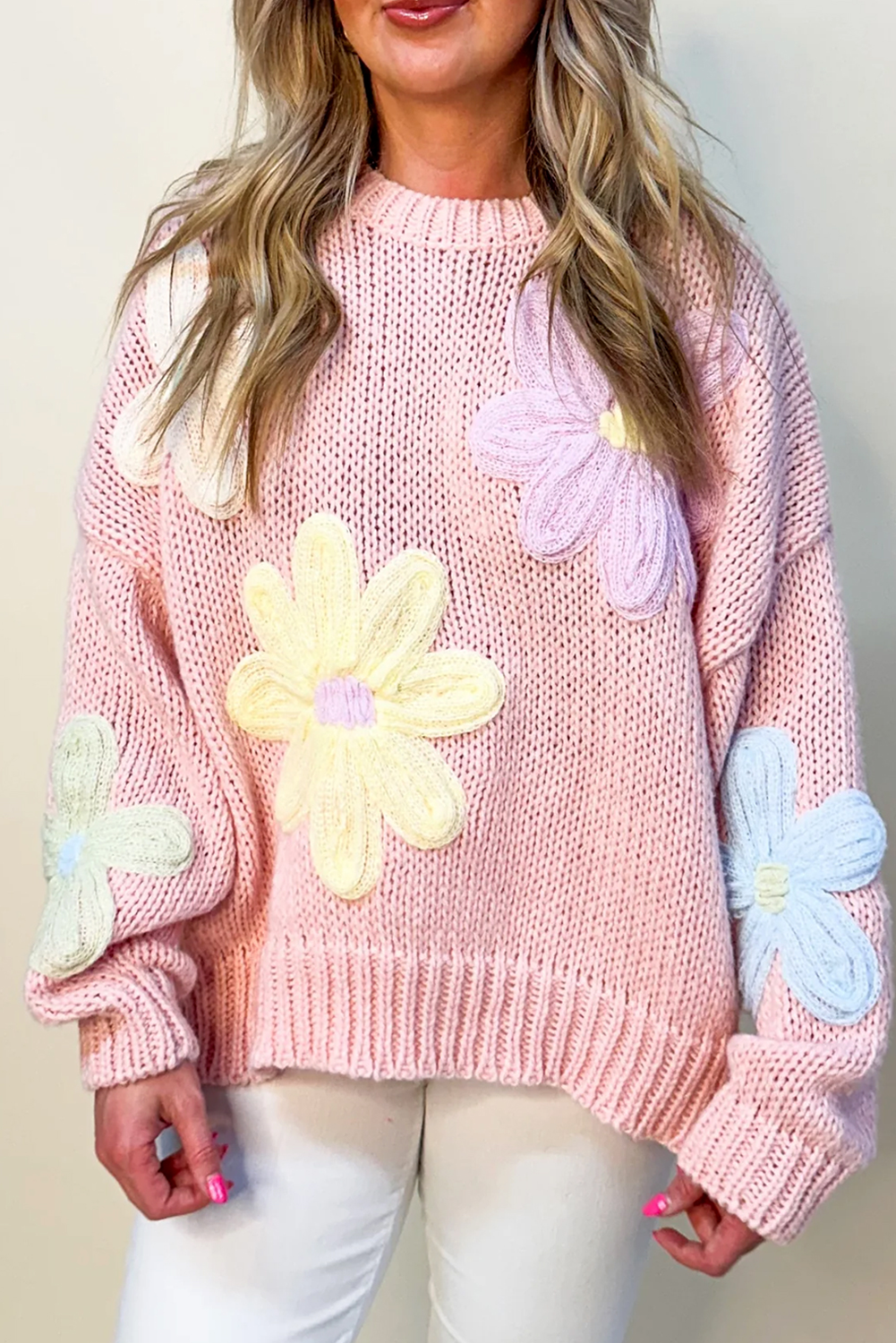 Colette - Pull Brodé Floral avec Pétales et Fils Roses