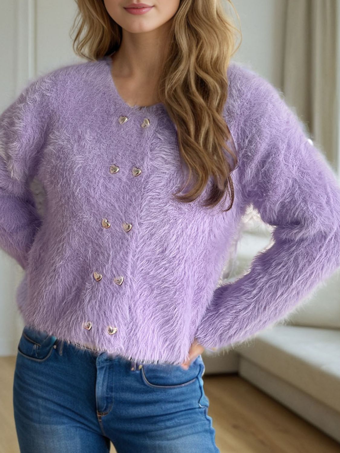 Clara - Cardigan à col rond avec boutons en forme de cœur pour femme