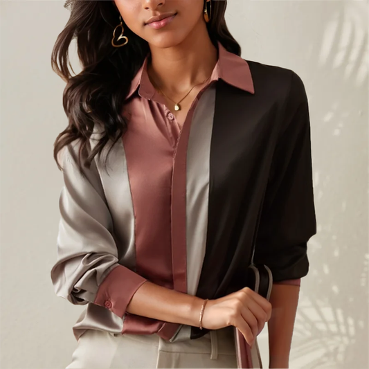 Jasmine - Blouse en Satin à Rayures Patchwork Élégante pour l'Automne pour Femmes