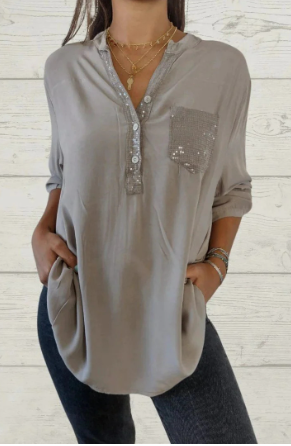 Malena - Haut décontracté en coton à col en V avec sequins et manches mi-longues