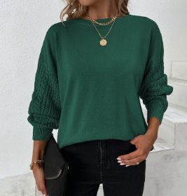 Pull à Col Rond en Tricot Torsadé à Manches Longues en Couleur Unie pour Femme