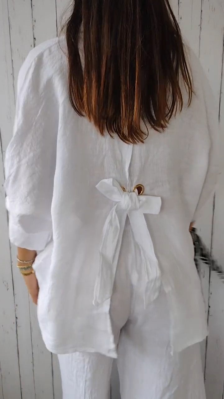 Kelsey - Blouse d'Été en Lin avec Fermeture à Nouer dans le Dos pour Femmes