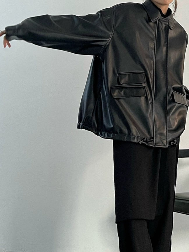 Veste en cuir végétalien noir rétro surdimensionné avec fermeture éclair