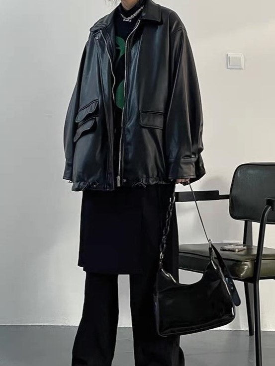Veste en cuir végétalien noir rétro surdimensionné avec fermeture éclair