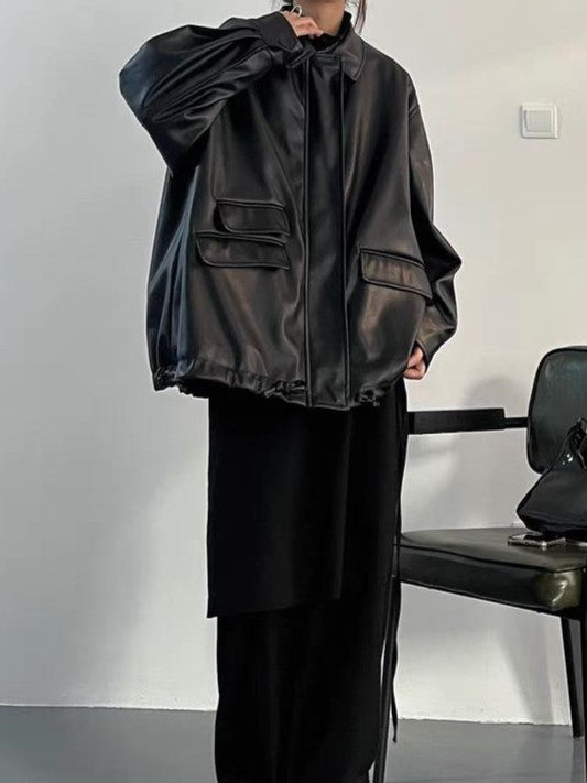 Veste en cuir végétalien noir rétro surdimensionné avec fermeture éclair